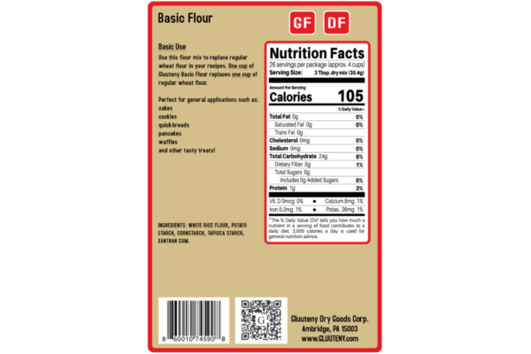 Label Back - Gluuteny’s Basic Flour 28oz package contains a little over 4 cups. An easy 1 to 1 substitute for regular flour in any recipe. Gluten Free, Dairy Free, Soy Free and Vegan!