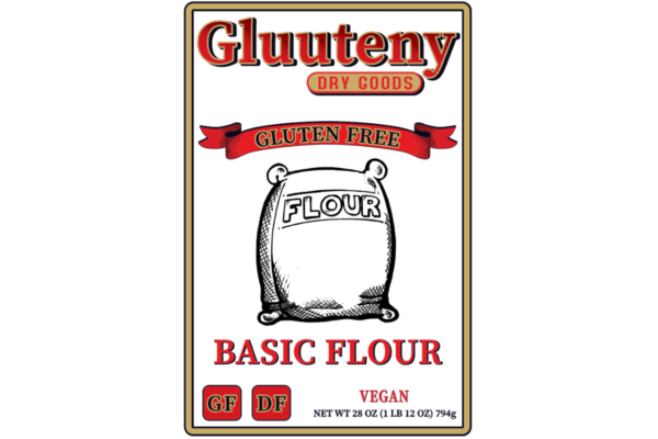 Label Front - Gluuteny’s Basic Flour 28oz package contains a little over 4 cups. An easy 1 to 1 substitute for regular flour in any recipe. Gluten Free, Dairy Free, Soy Free and Vegan!