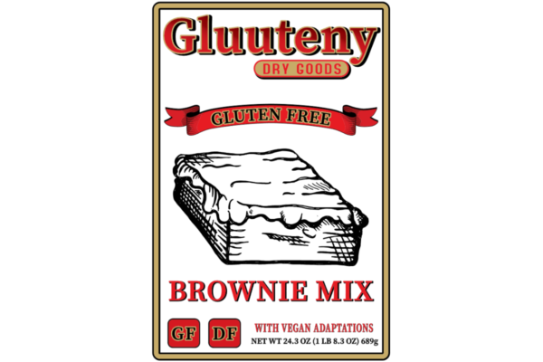 Label Front - Gluuteny’s Brownie Mix makes 16 decadent, fudgy, soft, and chocolatey brownies. Perfect for picnics and parties. Even better when topped with your favorite icing or ice cream! This mix is Gluten Free, Dairy Free, Soy Free and has Vegan adaptations!