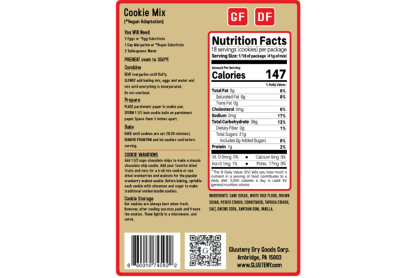 Label Back - Gluuteny’s Gluten-Free Cookie Mix makes 24 delicious cookies on its own or provides a base for the classics like Chocolate Chip, Trail mix, Snickerdoodle and all of your other favorite cookies. This mix is Gluten Free, Dairy Free, Soy Free and has Vegan adaptations!