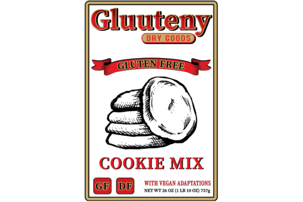 Label Front - Gluuteny’s Gluten-Free Cookie Mix makes 24 delicious cookies on its own or provides a base for the classics like Chocolate Chip, Trail mix, Snickerdoodle and all of your other favorite cookies. This mix is Gluten Free, Dairy Free, Soy Free and has Vegan adaptations!