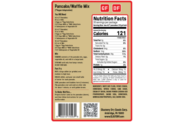 Label Back - Gluuteny’s Gluten-Free Pancake/Waffle Dry Mix make fluffy, light, and golden-brown pancakes and waffles that will make you question if they are actually gluten free (don’t worry, we promise they are). Allows for approximately 40 pancakes or 30 waffles but can be split into smaller batches and resealed for saved for later. This mix is gluten free, dairy free, soy free, and has vegan adaptations.
