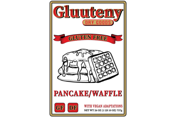 Label Front - Gluuteny’s Gluten-Free Pancake/Waffle Dry Mix make fluffy, light, and golden-brown pancakes and waffles that will make you question if they are actually gluten free (don’t worry, we promise they are). Allows for approximately 40 pancakes or 30 waffles but can be split into smaller batches and resealed for saved for later. This mix is gluten free, dairy free, soy free, and has vegan adaptations.