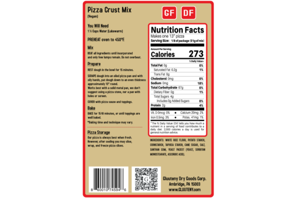 Label Back - Gluuteny’s Gluten-Free Pizza Crust Dry Mix is light, airy, bready, and delicious! Our pizza crust changes the gluten-free pizza game, no more sauce and toppings on cardboard! Seriously, it’s that good! Makes one 13” Pizza Crust. Buy more and have some friends over! This mix is Gluten Free, Dairy Free, Soy Free, and it’s Vegan!