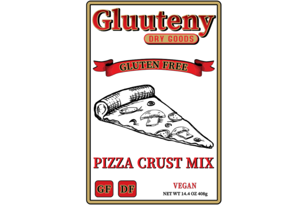 Label Front - Gluuteny’s Gluten-Free Pizza Crust Dry Mix is light, airy, bready, and delicious! Our pizza crust changes the gluten-free pizza game, no more sauce and toppings on cardboard! Seriously, it’s that good! Makes one 13” Pizza Crust. Buy more and have some friends over! This mix is Gluten Free, Dairy Free, Soy Free, and it’s Vegan!