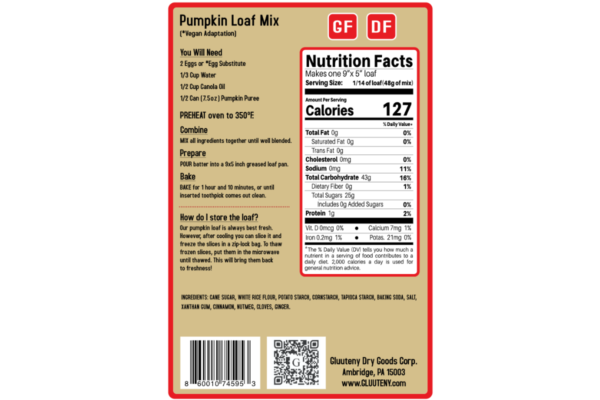Label Back - Gluuteny’s Pumpkin Loaf Dry Mix is the perfect balance between pumpkin and spices. Perfect for a year-round treat!! This mix is gluten free, dairy free, soy free, and has vegan adaptations.