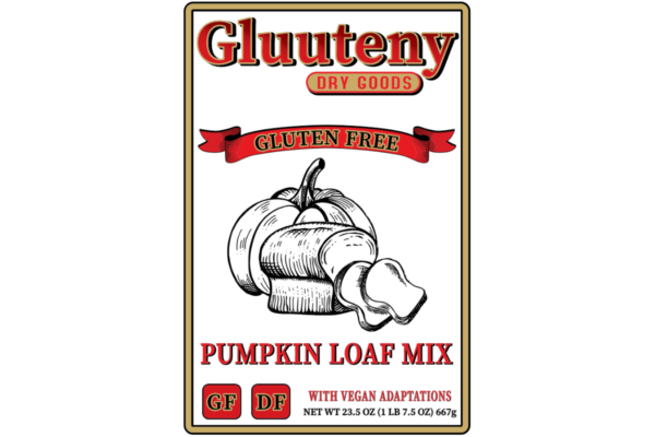 Label Front - Gluuteny’s Pumpkin Loaf Dry Mix is the perfect balance between pumpkin and spices. Perfect for a year-round treat!! This mix is gluten free, dairy free, soy free, and has vegan adaptations.