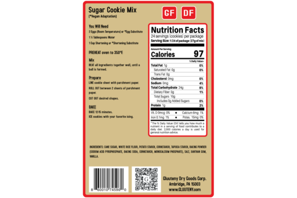 Label Back – Gluuteny’s Gluten-Free Sugar Cookie Mix is a delicious and timeless sugar cookie without the gluten. Shape and decorate to add your personal touch! Allows for approximately 24 cookies, depending on your preference of shape and size. This mix is gluten free, dairy free, soy free, and has vegan adaptations.