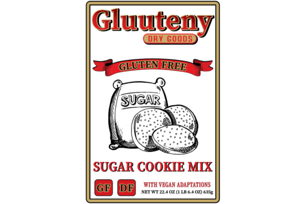 Label Front – Gluuteny’s Gluten-Free Sugar Cookie Mix is a delicious and timeless sugar cookie without the gluten. Shape and decorate to add your personal touch! Allows for approximately 24 cookies, depending on your preference of shape and size. This mix is gluten free, dairy free, soy free, and has vegan adaptations.