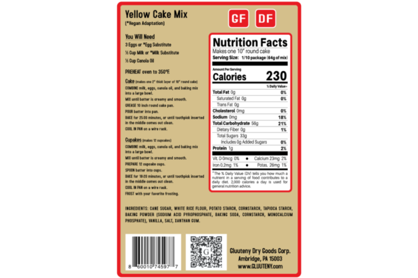 Label Back - Gluuteny’s Yellow Cake Mix makes one delicious 2-inch thick 10-inch round cake, 12 phenomenal cupcakes, or 30+ yummy cake pops. This mix is gluten free, dairy free, soy free, and has vegan adaptations.