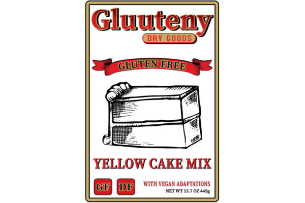 Label Front - Gluuteny’s Yellow Cake Mix makes one delicious 2-inch thick 10-inch round cake, 12 phenomenal cupcakes, or 30+ yummy cake pops. This mix is gluten free, dairy free, soy free, and has vegan adaptations.